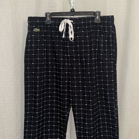 Lacoste XL Black Blue Cotton Croc Logo Print Drawstring Lounge PJ Pants - Picture 7 of 16
